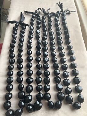 Classic Hawaiian Unisex Black Beads Necklace with Ribbon Tie For Luau Party 4pcs